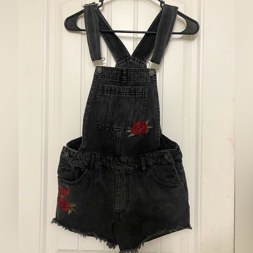 Overall Shorts with Rose Print